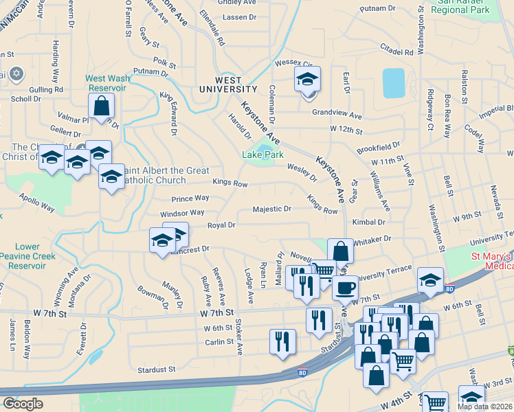 map of restaurants, bars, coffee shops, grocery stores, and more near 1585 Majestic Drive in Reno