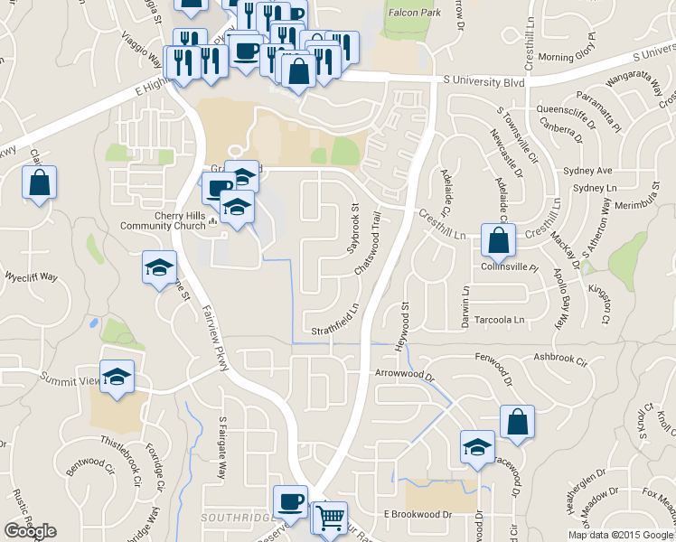 map of restaurants, bars, coffee shops, grocery stores, and more near 9927 Chatswood Trail in Littleton