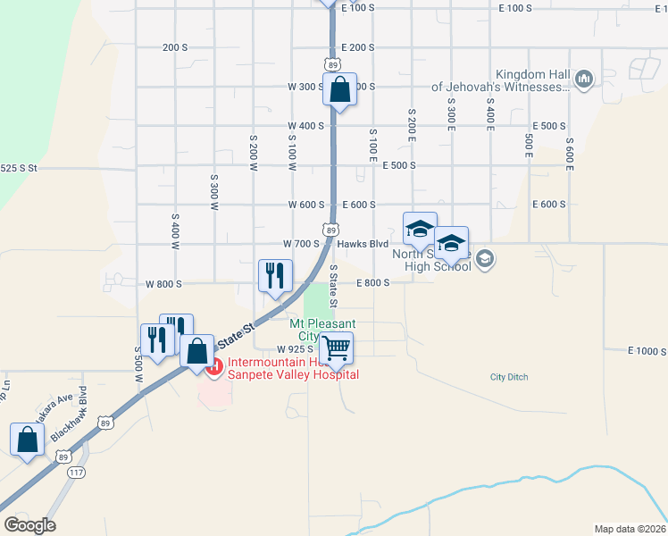map of restaurants, bars, coffee shops, grocery stores, and more near 613 South State Street in Mount Pleasant