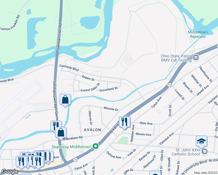 map of restaurants, bars, coffee shops, grocery stores, and more near 2801 Groveland Street in Middletown
