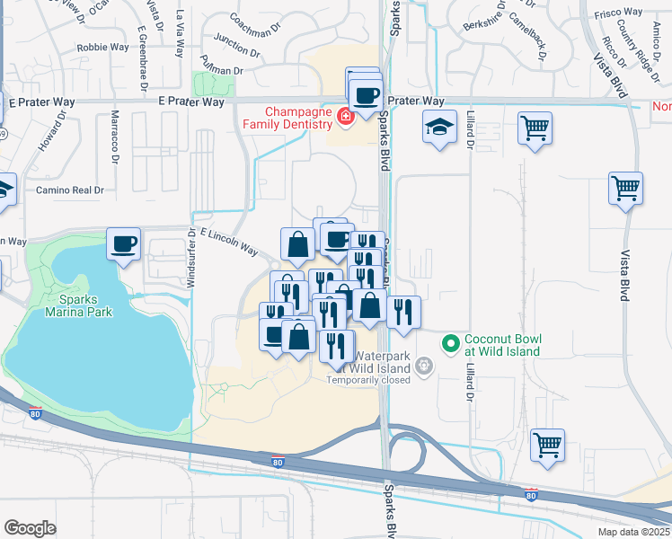 map of restaurants, bars, coffee shops, grocery stores, and more near 1550 East Lincoln Way in Sparks