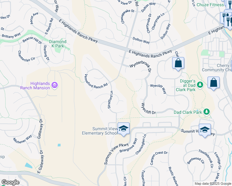 map of restaurants, bars, coffee shops, grocery stores, and more near 2243 Stratford Court in Littleton