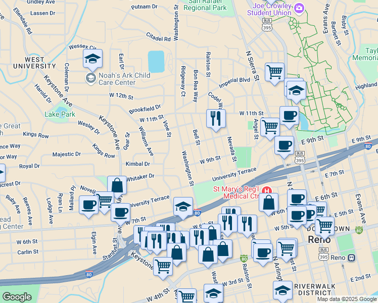 map of restaurants, bars, coffee shops, grocery stores, and more near 927 Washington Street in Reno