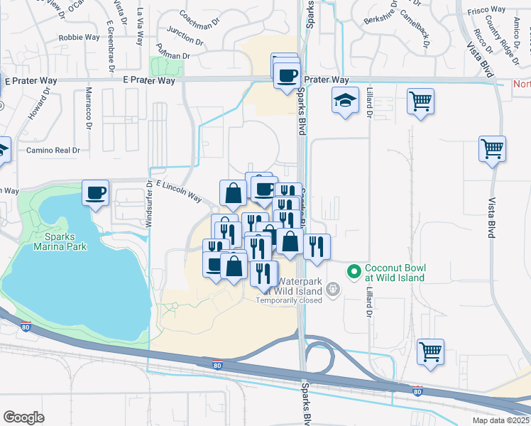 map of restaurants, bars, coffee shops, grocery stores, and more near 1550 East Lincoln Way in Sparks