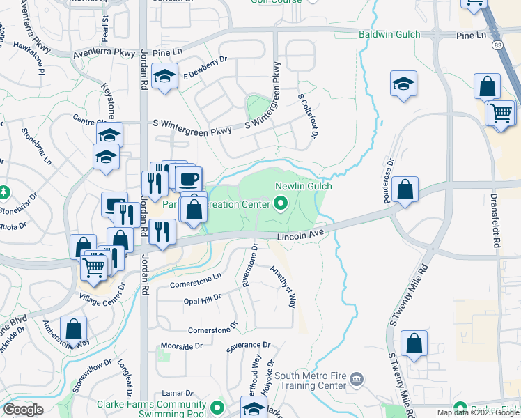 map of restaurants, bars, coffee shops, grocery stores, and more near 17299 Lincoln Avenue in Parker