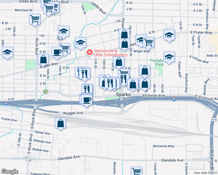 map of restaurants, bars, coffee shops, grocery stores, and more near 214 10th Street in Sparks
