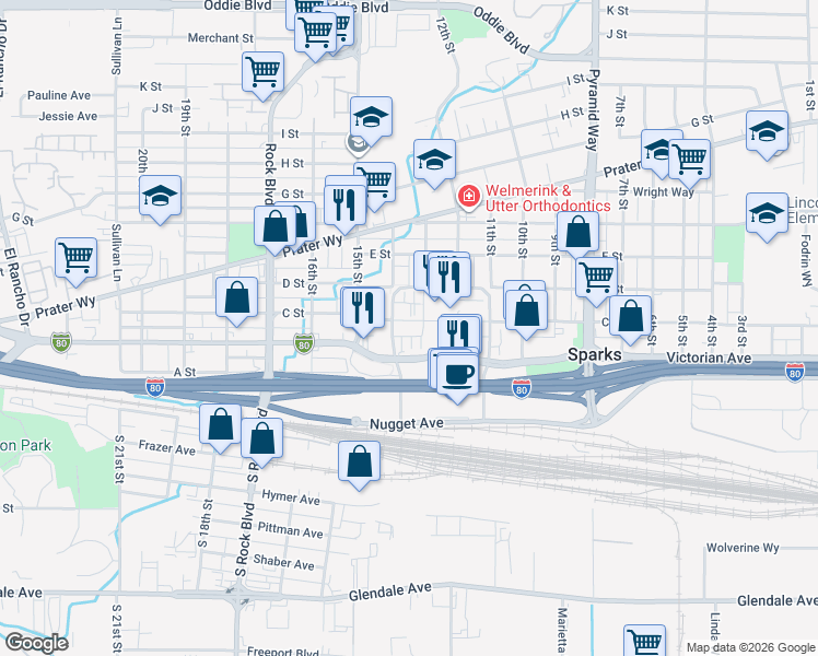 map of restaurants, bars, coffee shops, grocery stores, and more near 1400 Avenue of the Oaks in Sparks