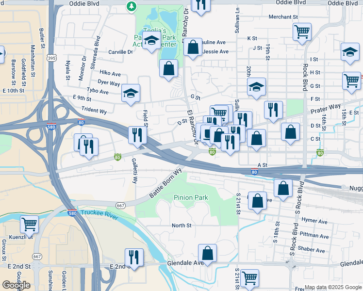 map of restaurants, bars, coffee shops, grocery stores, and more near 2405 Victorian Avenue in Sparks