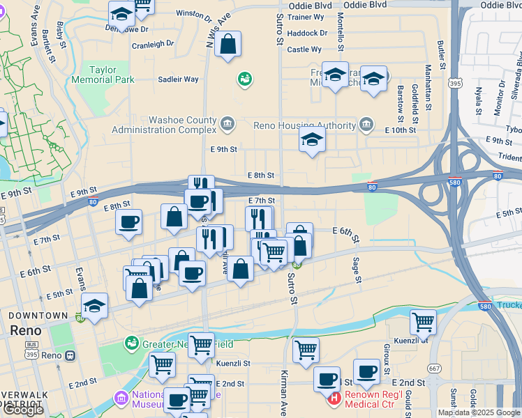 map of restaurants, bars, coffee shops, grocery stores, and more near 642 Spokane Street in Reno