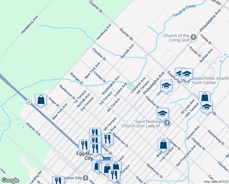 map of restaurants, bars, coffee shops, grocery stores, and more near 441 London Avenue in Egg Harbor City