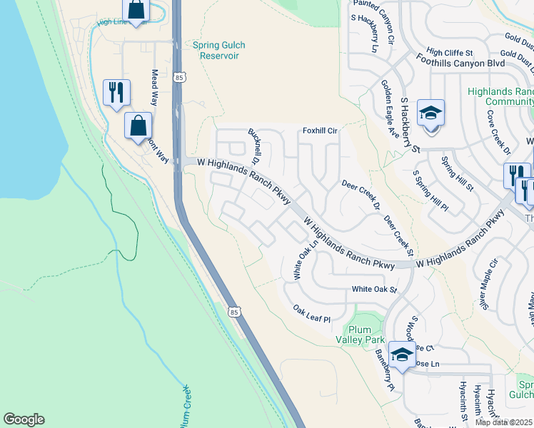 map of restaurants, bars, coffee shops, grocery stores, and more near 3600 Seramonte Drive in Littleton