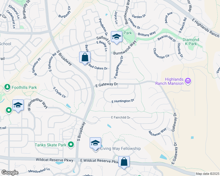 map of restaurants, bars, coffee shops, grocery stores, and more near 687 Huntington Drive in Highlands Ranch
