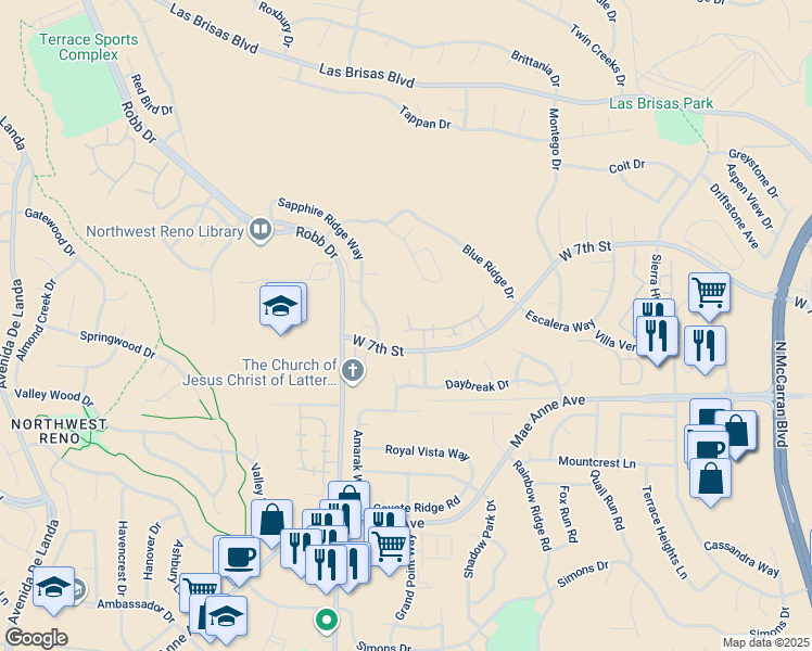 map of restaurants, bars, coffee shops, grocery stores, and more near 2116 Sapphire Ridge Way in Reno