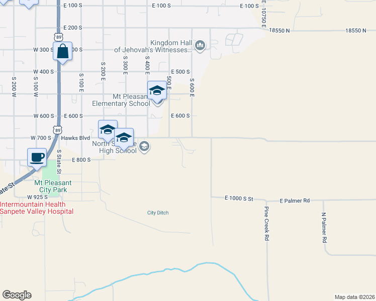 map of restaurants, bars, coffee shops, grocery stores, and more near 596 East 700 South in Mount Pleasant