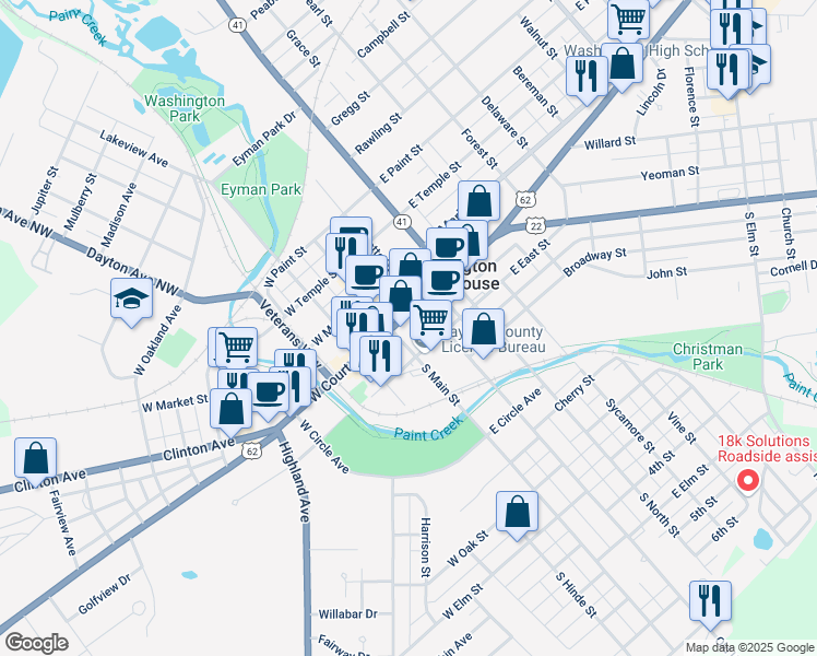 map of restaurants, bars, coffee shops, grocery stores, and more near 153 South Main Street in Washington Court House