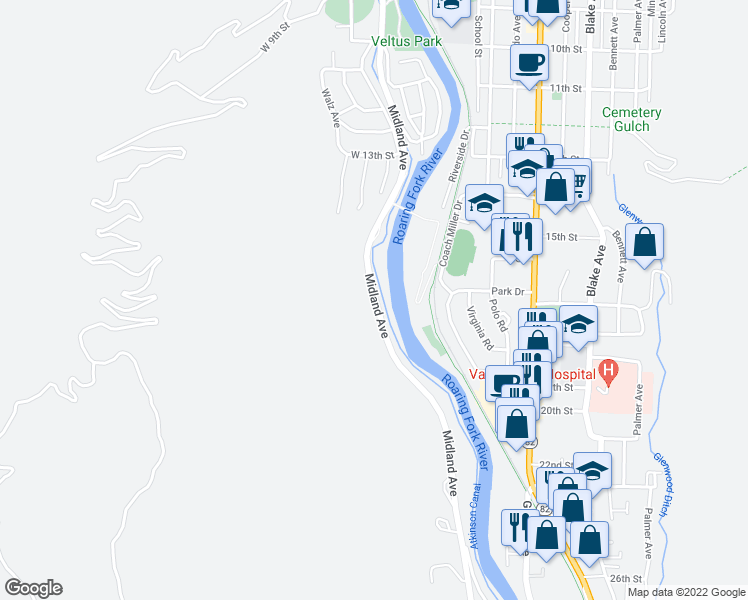 map of restaurants, bars, coffee shops, grocery stores, and more near 1699 Midland Avenue in Glenwood Springs