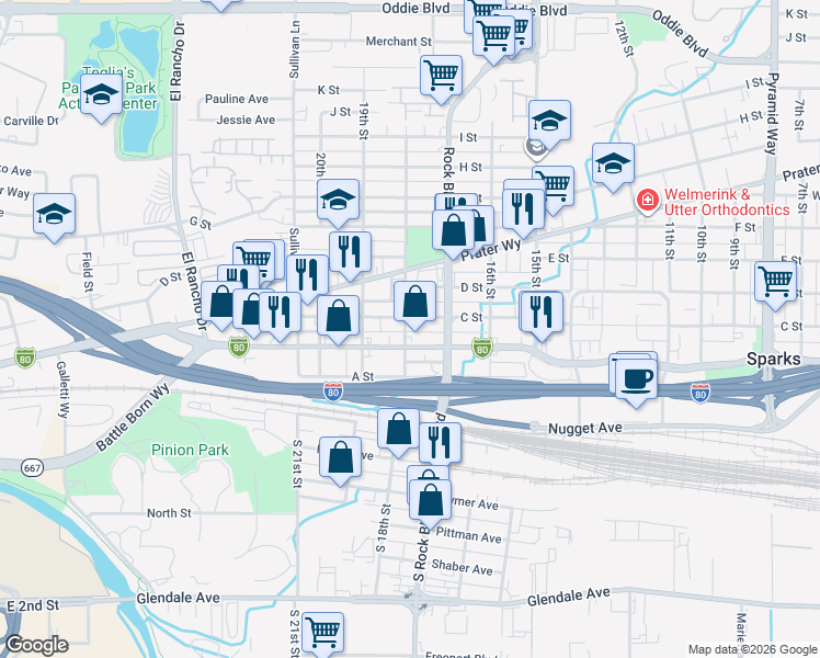 map of restaurants, bars, coffee shops, grocery stores, and more near 1800 Victorian Avenue in Sparks