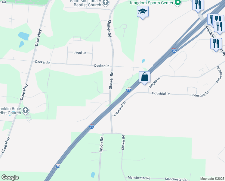 map of restaurants, bars, coffee shops, grocery stores, and more near 6312 Shaker Road in Franklin