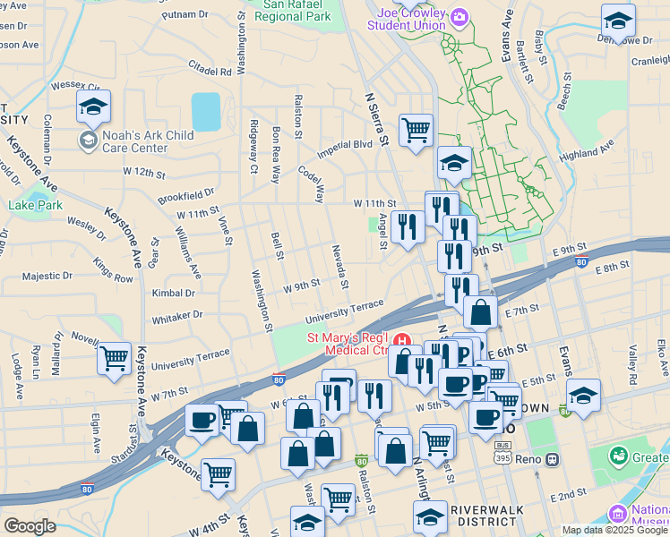 map of restaurants, bars, coffee shops, grocery stores, and more near 411 West 9th Street in Reno