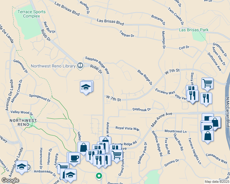 map of restaurants, bars, coffee shops, grocery stores, and more near 2130 Sapphire Ridge Way in Reno