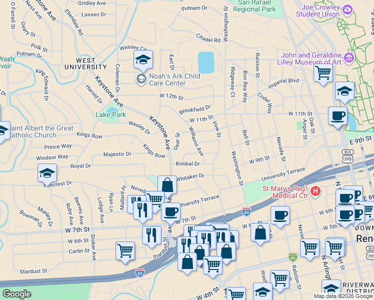 map of restaurants, bars, coffee shops, grocery stores, and more near 983 Melba Drive in Reno