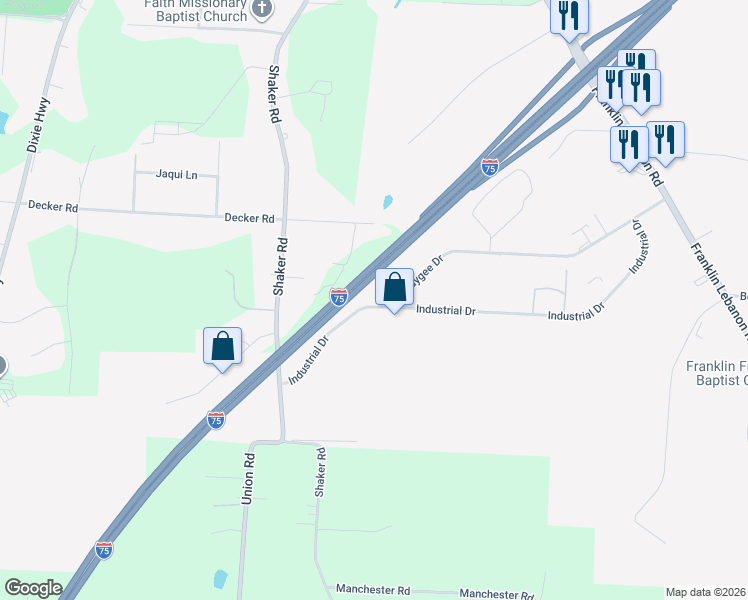 map of restaurants, bars, coffee shops, grocery stores, and more near 265 Industrial Drive in Franklin