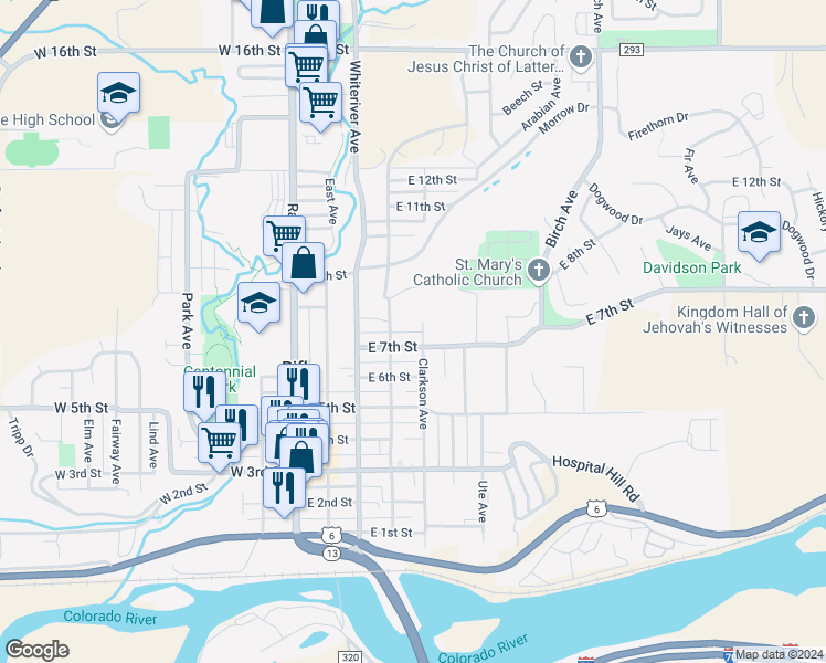 map of restaurants, bars, coffee shops, grocery stores, and more near 508 East 7th Street in Rifle