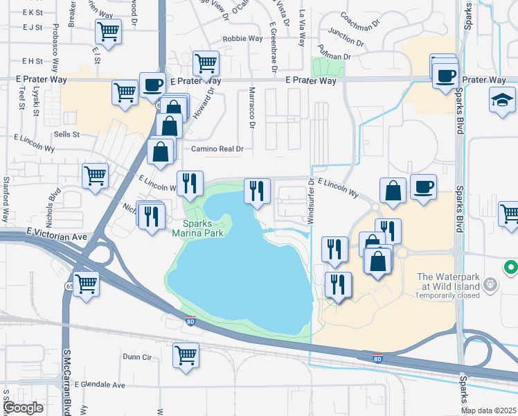 map of restaurants, bars, coffee shops, grocery stores, and more near 350 Harbour Cove Drive in Sparks