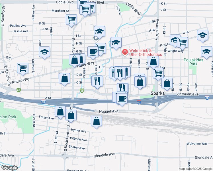 map of restaurants, bars, coffee shops, grocery stores, and more near 1324 Victorian Avenue in Sparks