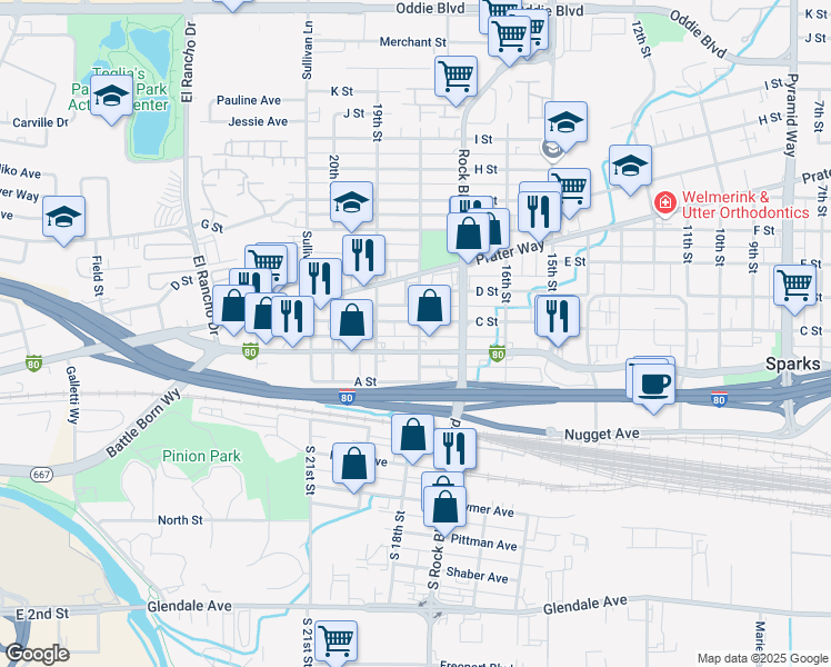 map of restaurants, bars, coffee shops, grocery stores, and more near 1800 Victorian Avenue in Sparks