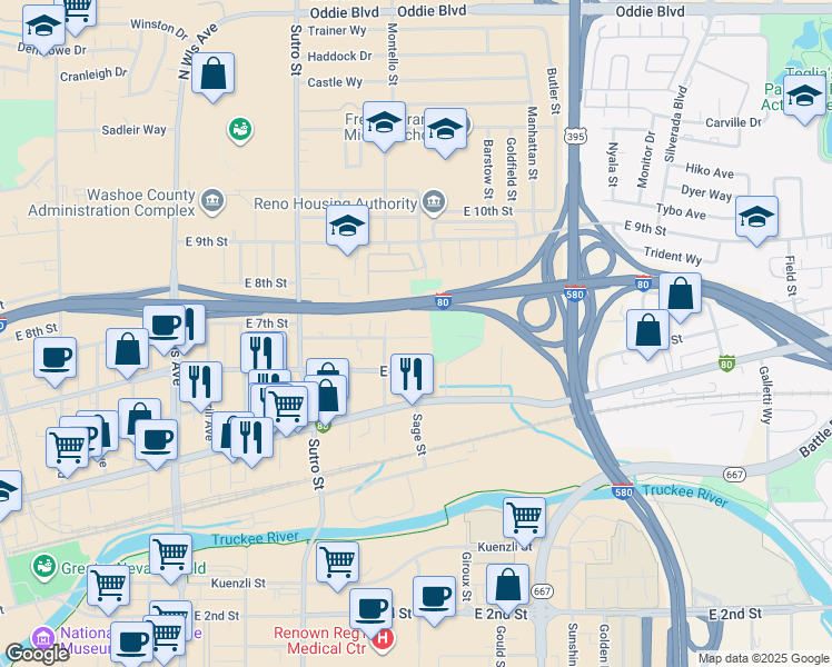 map of restaurants, bars, coffee shops, grocery stores, and more near 1400 East 7th Street in Reno