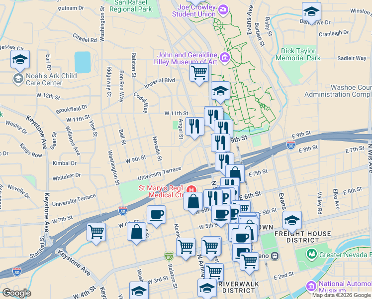map of restaurants, bars, coffee shops, grocery stores, and more near 792 West Street in Reno