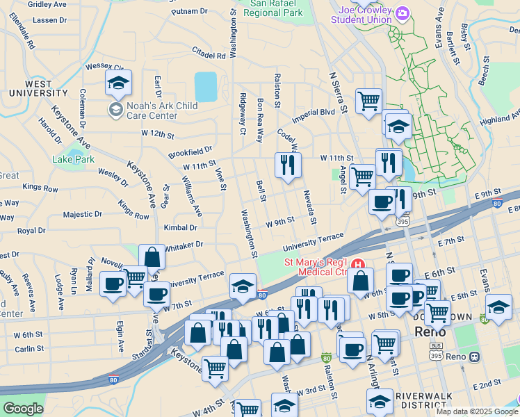 map of restaurants, bars, coffee shops, grocery stores, and more near 915 Bell Street in Reno