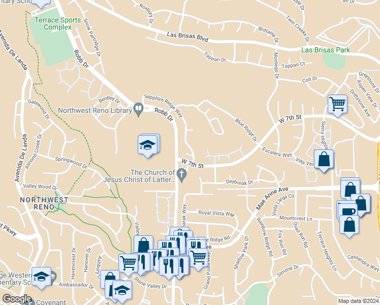 map of restaurants, bars, coffee shops, grocery stores, and more near 5901 Sapphire Ridge Court in Reno