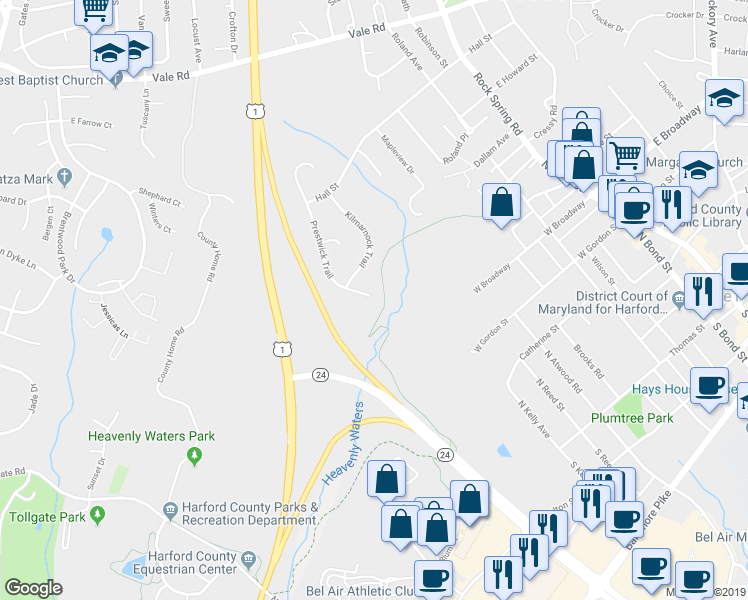map of restaurants, bars, coffee shops, grocery stores, and more near 600 Dunsinnan Trail in Bel Air