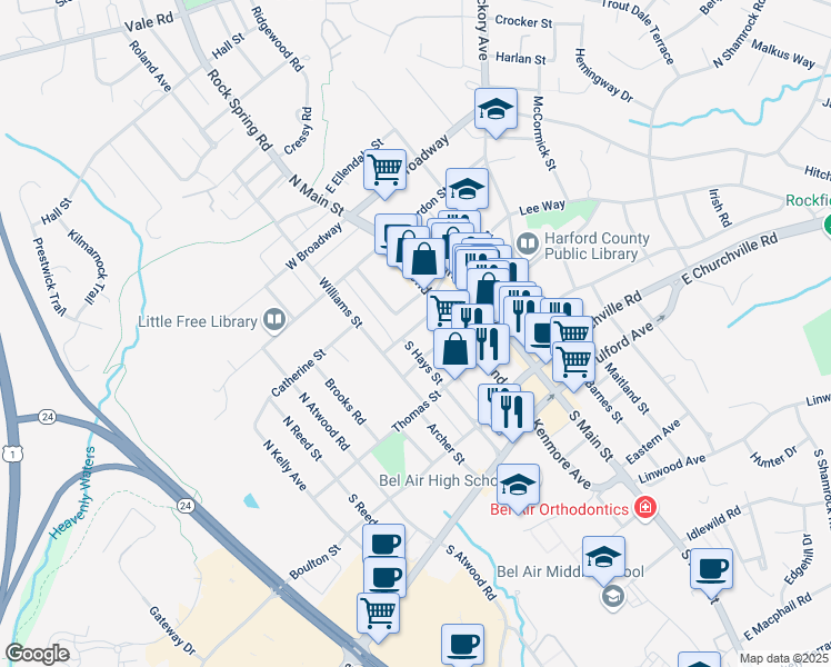 map of restaurants, bars, coffee shops, grocery stores, and more near 129 Alice Ann Street in Bel Air