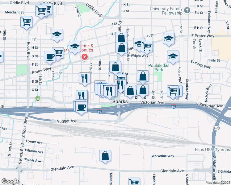 map of restaurants, bars, coffee shops, grocery stores, and more near 829 C Street in Sparks