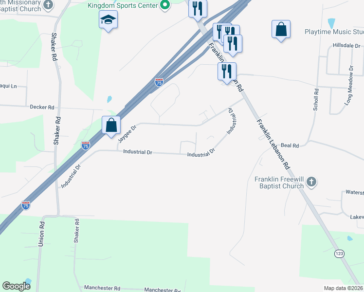 map of restaurants, bars, coffee shops, grocery stores, and more near 200 Industrial Drive in Franklin