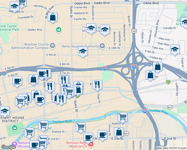 map of restaurants, bars, coffee shops, grocery stores, and more near 1415 East 7th Street in Reno