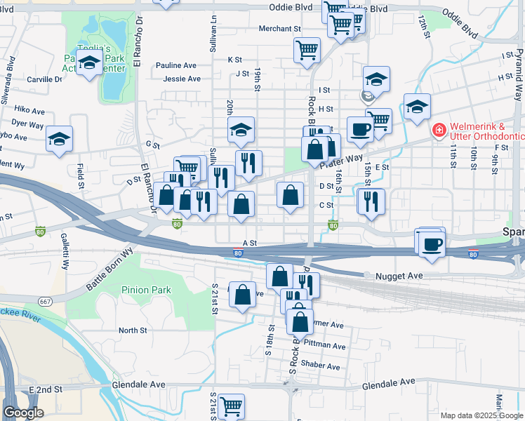 map of restaurants, bars, coffee shops, grocery stores, and more near 1914 Victorian Avenue in Sparks