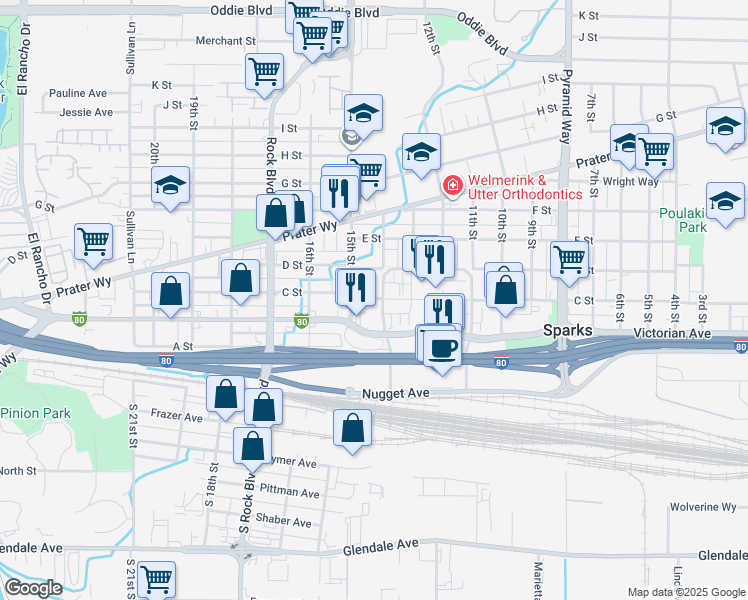 map of restaurants, bars, coffee shops, grocery stores, and more near 220 15th Street in Sparks