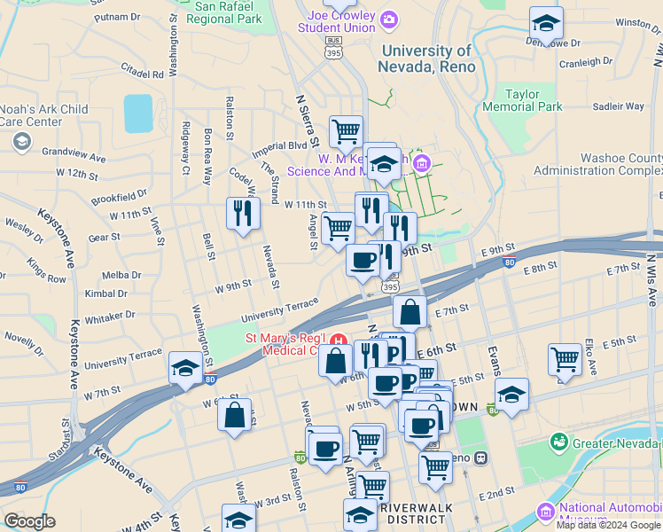 map of restaurants, bars, coffee shops, grocery stores, and more near 792 West Street in Reno