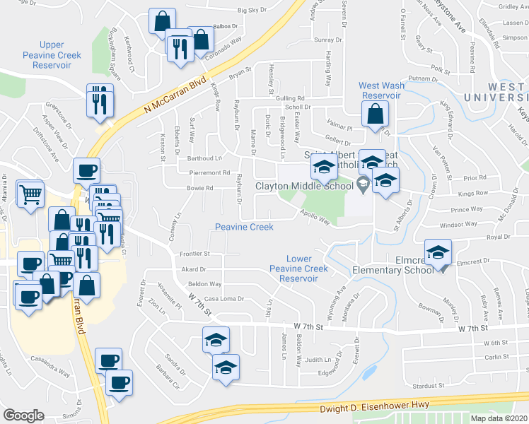 map of restaurants, bars, coffee shops, grocery stores, and more near 3040 Slater Avenue in Reno