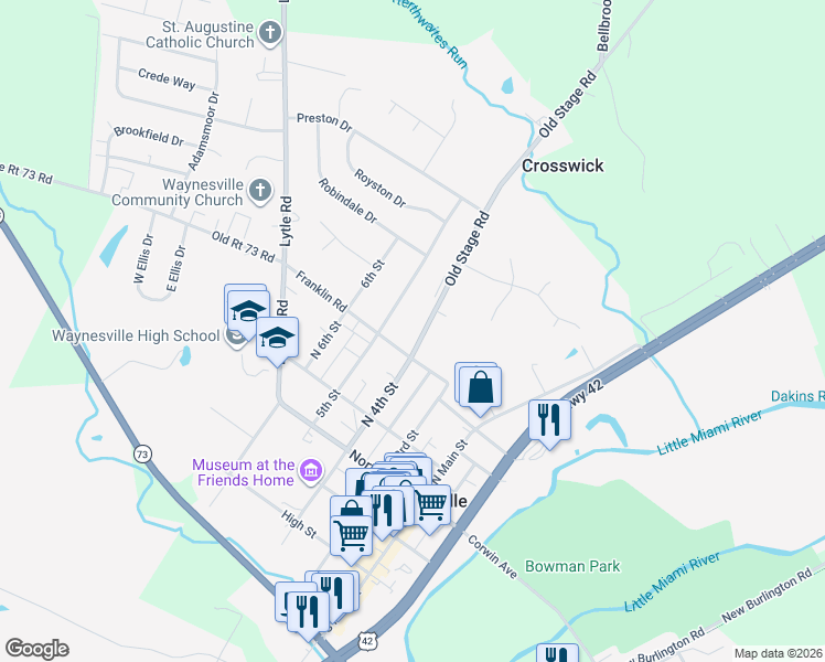 map of restaurants, bars, coffee shops, grocery stores, and more near 320 Old Stage Road in Waynesville