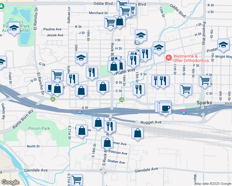 map of restaurants, bars, coffee shops, grocery stores, and more near 1643 C Street in Sparks