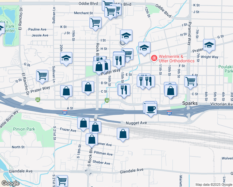 map of restaurants, bars, coffee shops, grocery stores, and more near 1531 C Street in Sparks