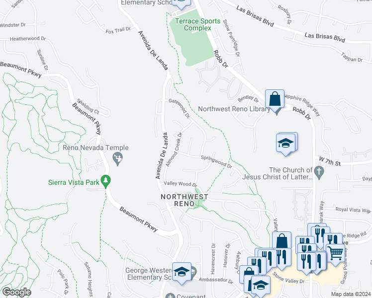 map of restaurants, bars, coffee shops, grocery stores, and more near 2215 Springdale Court in Reno