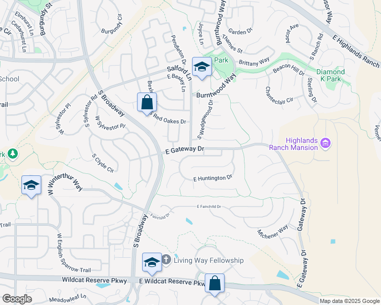 map of restaurants, bars, coffee shops, grocery stores, and more near 680 Huntington Drive in Highlands Ranch