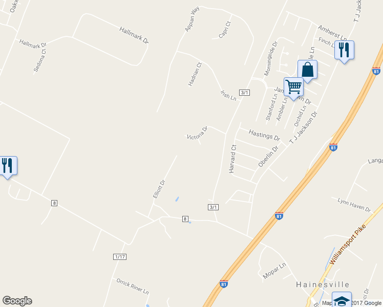 map of restaurants, bars, coffee shops, grocery stores, and more near 376 Elliott Drive in Martinsburg