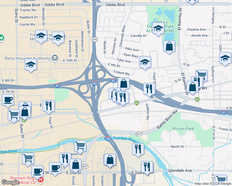 map of restaurants, bars, coffee shops, grocery stores, and more near 2395 East 5th Street in Reno